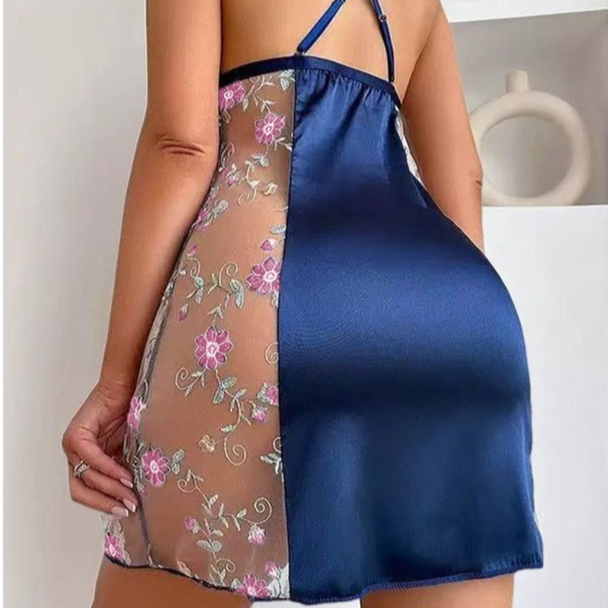 Navy Blue Satin Floral Strap D - Baby Gown Nightwear review and price